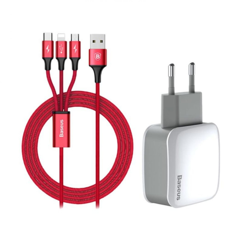 Baseus Letour Dual U Charger (EU) + 3-in-1 cable (Apple + Micro + Type-C)